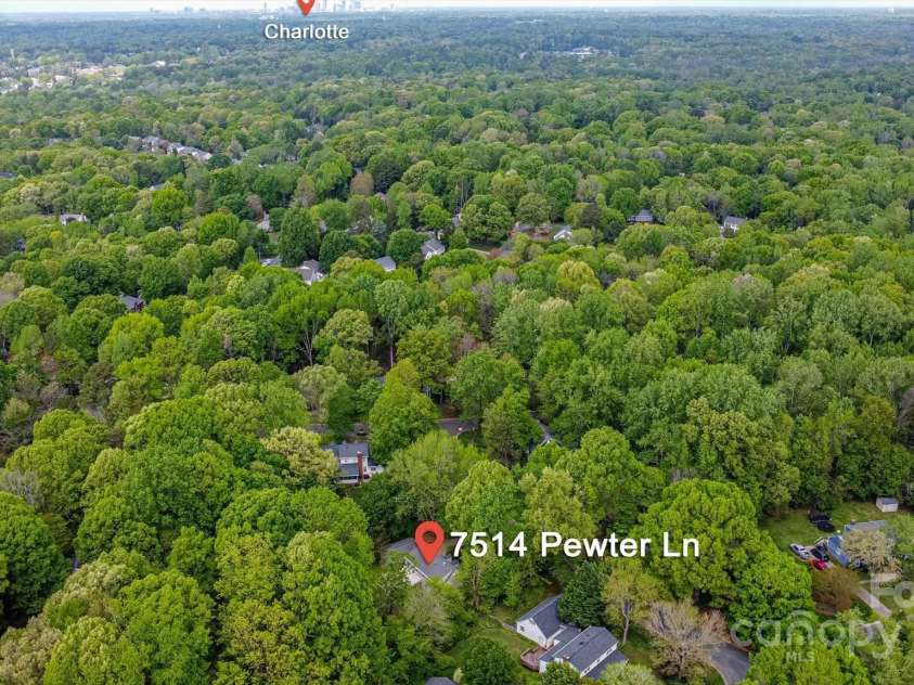 7514 Pewter Lane, Charlotte, NC 28270.  MLS# CAR4244658, YatesRealty ID 5718. Aerial view of 7514 Pewter Lane.