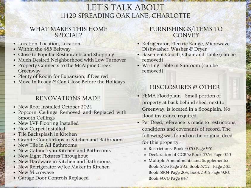 11429 Spreading Oak Lane, Charlotte, NC 28226.  MLS# CAR4194529, YatesRealty ID 5776. 