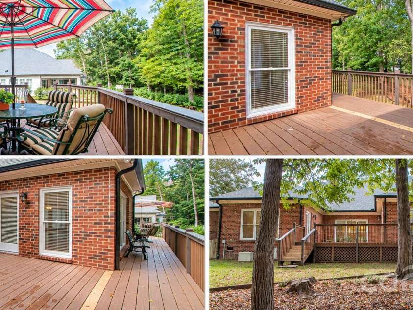 5480 Glen Forest Drive, Charlotte, NC 28226.  MLS# CAR4420356, YatesRealty ID 57976. BACK DECK: Left side with table measures 30'x13' with sliding screen. Right side deck by living room  size 15'x16'. Note new repaired deck board and new risers on deck stairs (9/26).