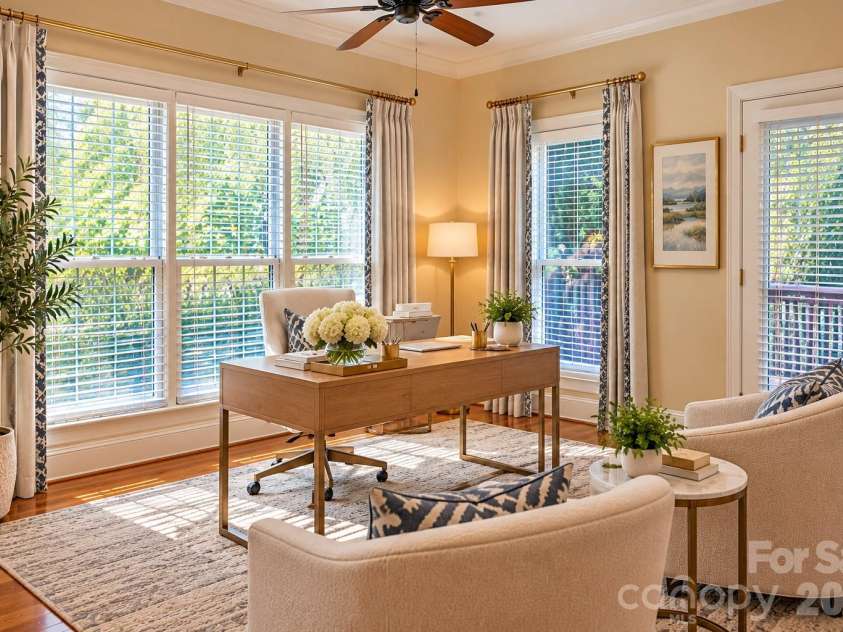 5480 Glen Forest Drive, Charlotte, NC 28226.  MLS# CAR4420356, YatesRealty ID 57976. DIGITALLY STAGED mini office or sitting area in front of kitchen.  Other idea: make this a play area for small children. Note One of 3 back deck Door access's to the right.