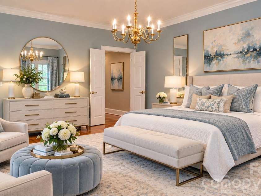 5480 Glen Forest Drive, Charlotte, NC 28226.  MLS# CAR4420356, YatesRealty ID 57976. DIGITALLY Staged primary bedroom.