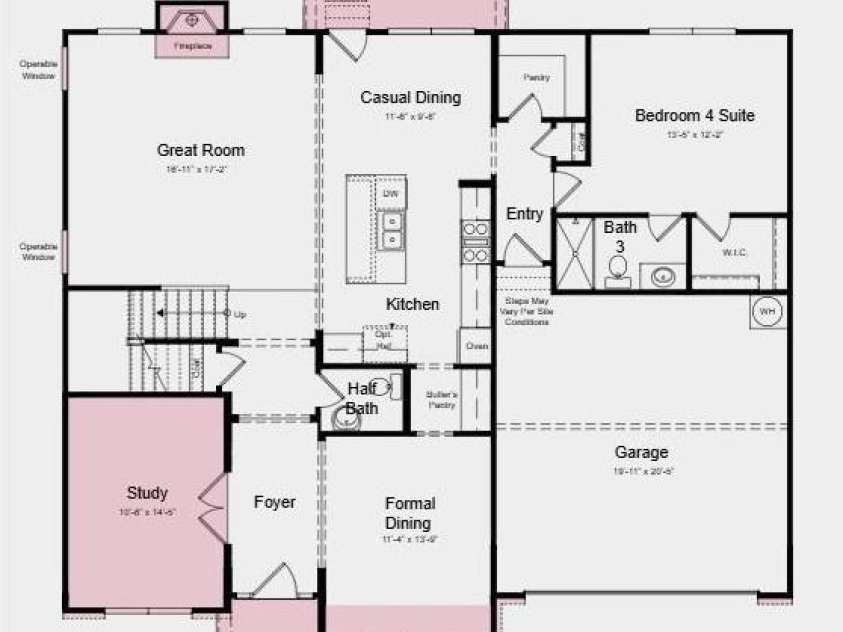 107 Clawton Loop, Mooresville, NC 28115.  MLS# CAR4337040, YatesRealty ID 5798. First Floor Plan - Additional Highlights Include: Study in place of flex, fireplace at great room, windows at great room, door at primary closet to laundry, tub at laundry, and covered patio.
