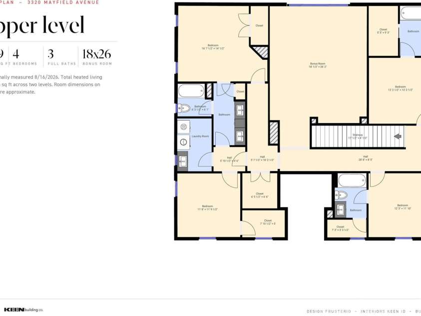 3320 Mayfield Avenue, Charlotte, NC 28209.  MLS# CAR4435763, YatesRealty ID 58067. Upper level floor plan, 2,019 heated sq ft, professionally measured