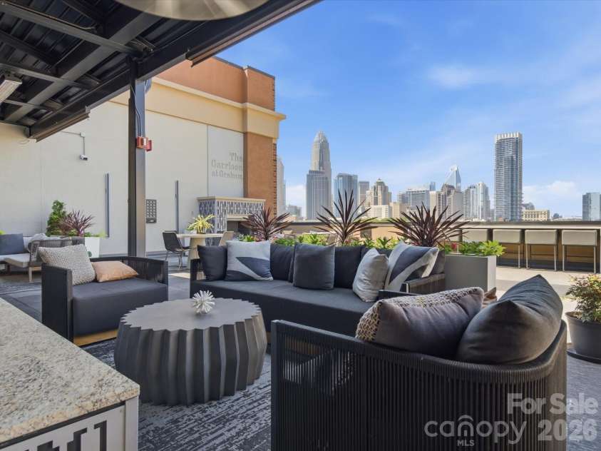 715 Graham Street, Charlotte, NC 28202.  MLS# CAR4383984, YatesRealty ID 6452. Shared rooftop terrace with skyline views, lounge areas, fireplaces, and outdoor kitchen 