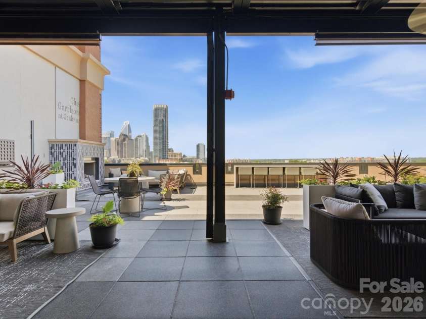 715 Graham Street, Charlotte, NC 28202.  MLS# CAR4383984, YatesRealty ID 6452. Shared rooftop terrace with skyline views, lounge areas, fireplaces, and outdoor kitchen 