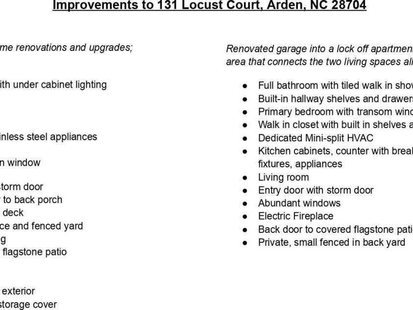 131 Locust Court, Arden, NC 28704.  MLS# CAR4357173, YatesRealty ID 7828. Improvements List