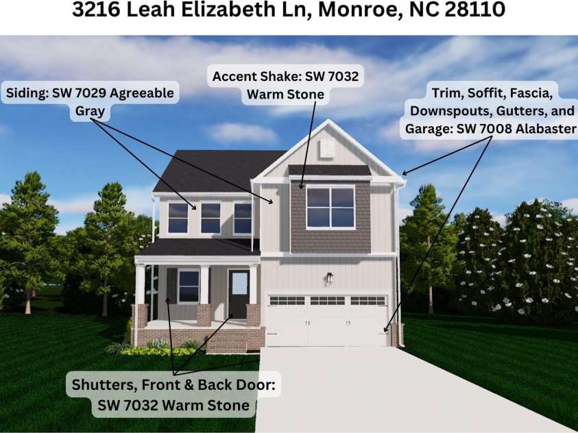 3216 Leah Elizabeth Lane, Monroe, NC 28110.  MLS# CAR4249519, YatesRealty ID 8032. Exterior Color Selections ONLY