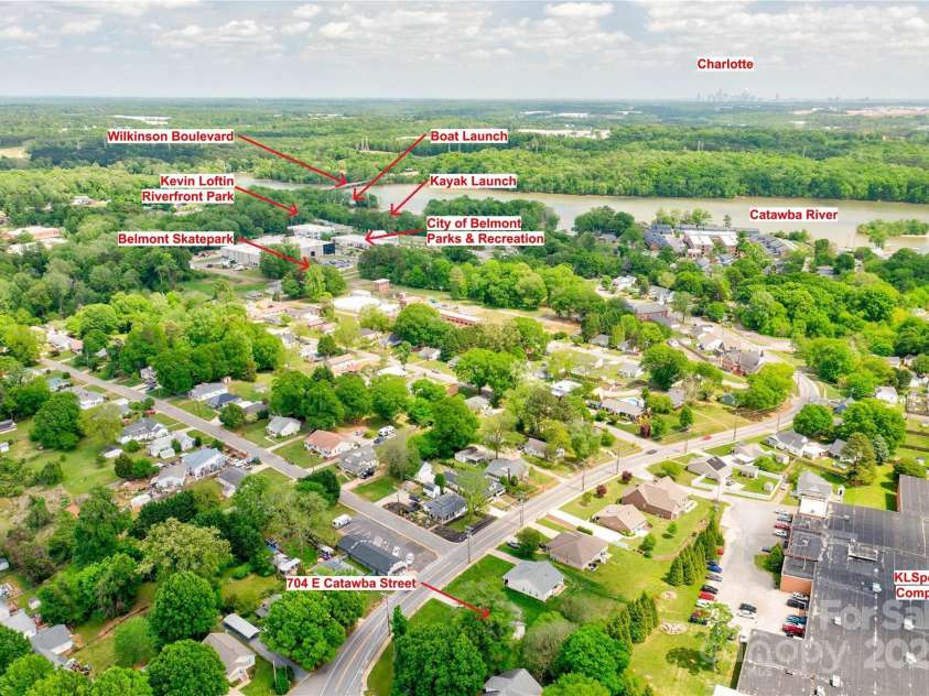 704 Catawba Street, Belmont, NC 28012.  MLS# CAR4249281, YatesRealty ID 8057. Aerial view - looking northeast