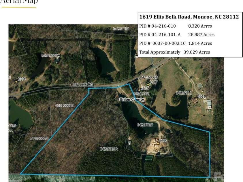 1619 Ellis Belk Road, Monroe, NC 28112.  MLS# CAR4299697, YatesRealty ID 8075. 39 acres