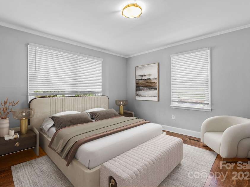 318 Stoney Mountain Road, Hendersonville, NC 28791.  MLS# CAR4235178, YatesRealty ID 8150. Bedroom #1 - Virtually staged. This with the barndoor enhanced closet makes for a very sweet and restful spot.