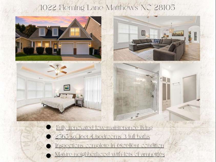 1022 Fleming Lane, Matthews, NC 28104.  MLS# CAR4375800, YatesRealty ID 8336. 