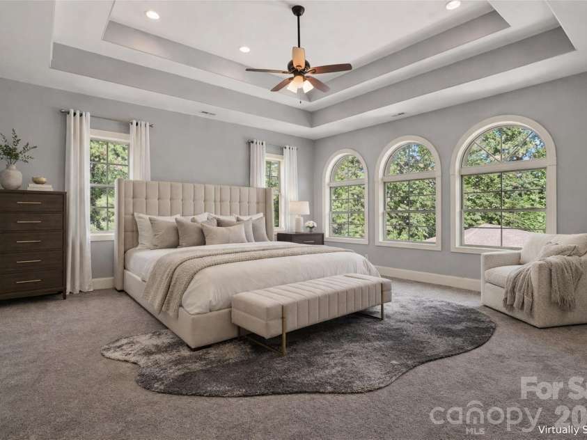 220 Fincher Road, Pauline, SC 29374.  MLS# CAR4363738, YatesRealty ID 8367. Virtually Staged Upper Level Primary Bedroom with On-Suite and Oversized Double Walk-In Closets and Private Terrace Overlooking Pool