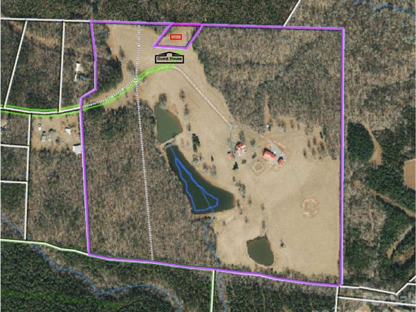 1260 Beaver Island Trail Road, Walnut Cove, NC 27052.  MLS# CAR4325171, YatesRealty ID 843. Aerial exemplifying the 2 separate parcels making up the 92.54 acres