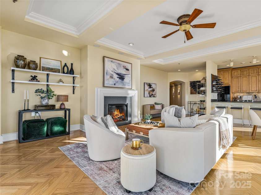 21 Battery Park Avenue, Asheville, NC 28801.  MLS# CAR4322706, YatesRealty ID 8540. Living Room- coffered ceiling with built in sound system