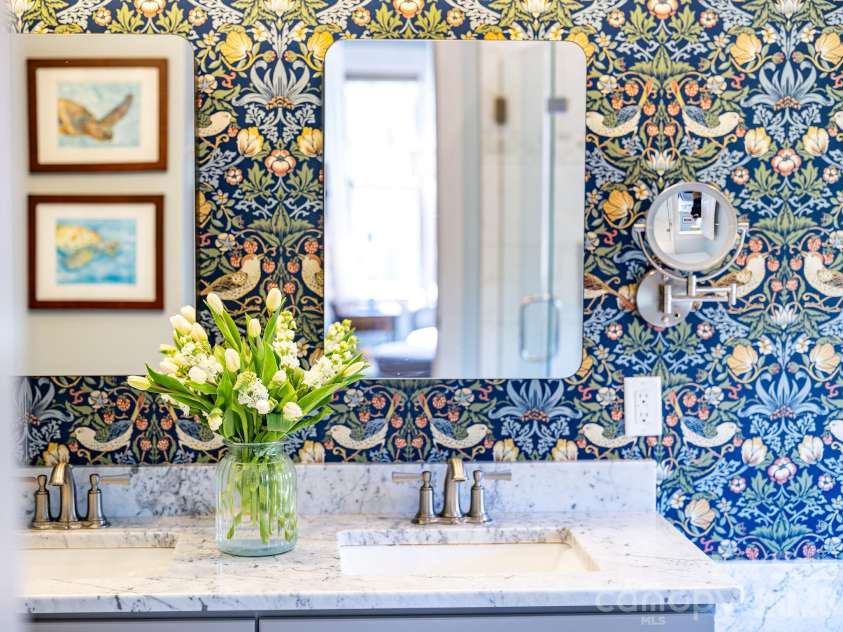 223 Reilly Drive, Leicester, NC 28748.  MLS# CAR4353690, YatesRealty ID 8619. Beautiful feature wall in primary bath.
