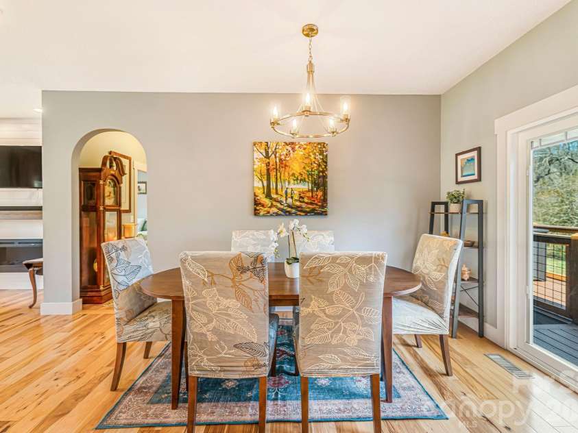 223 Reilly Drive, Leicester, NC 28748.  MLS# CAR4353690, YatesRealty ID 8619. Dining space with doors to exterior deck.