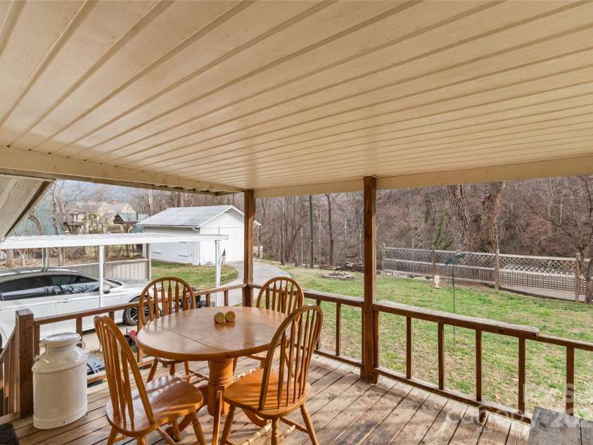 491 Lance Avenue, Hot Springs, NC 28743.  MLS# CAR4235506, YatesRealty ID 9947. Covered rear deck overlooks the level backyard